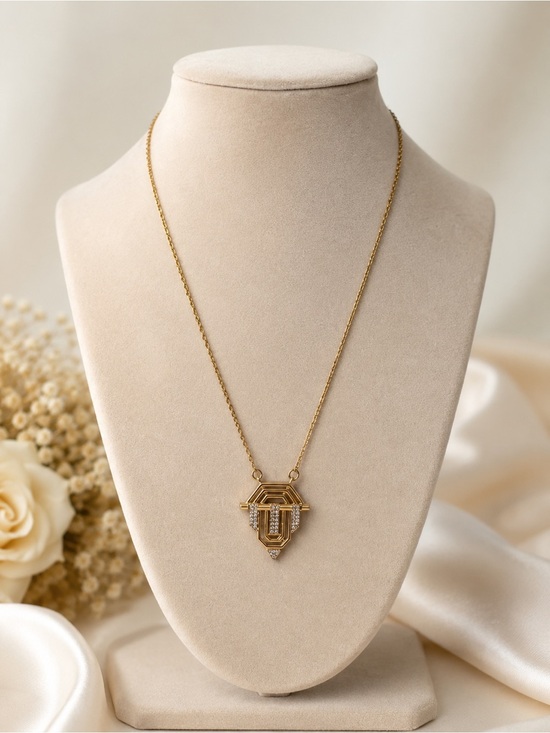 Other Jewelry - Gold Tone Geometric Pendant Necklace Clear Rhinestone Elegant Statement Jewelry